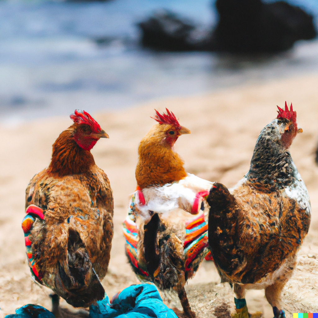 A computer generated image of three chickens on a beach