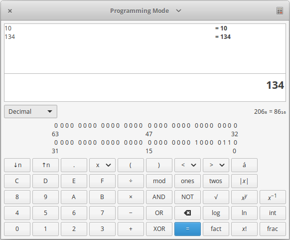 Screenshot of a programmer's calculator